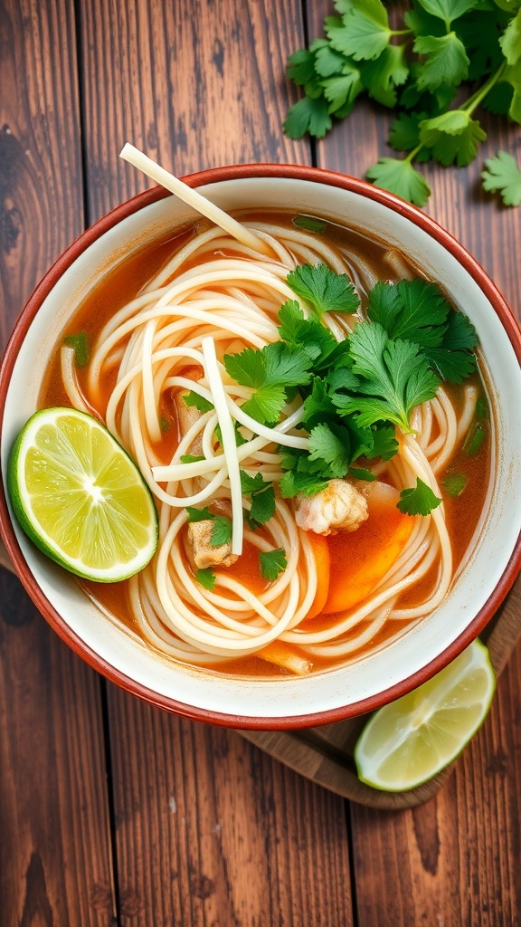 A bowl of Khmer noodle soup with rice noodles, fish, fresh herbs, and vegetables on a wooden table.